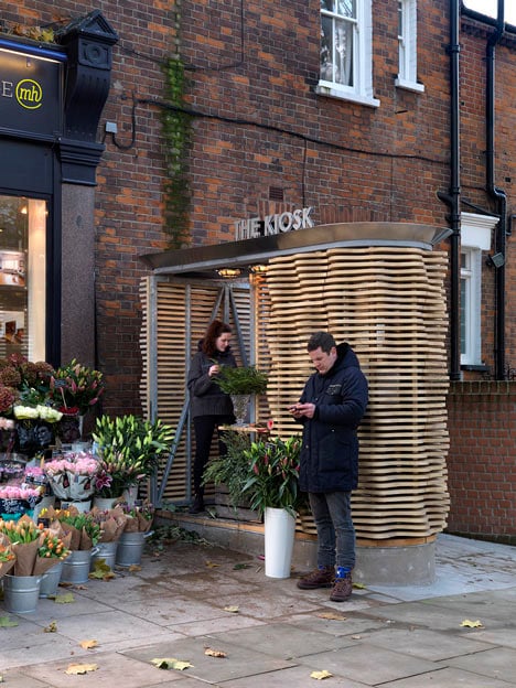 London flower kiosk with a wavy timber exterior by Buchanan Partnership
