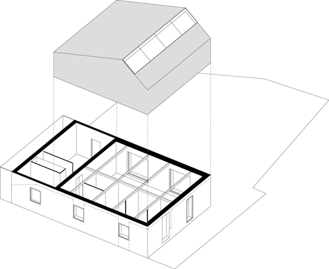 Exploded view three of M03 house renovation by BAST contrasts old brick base with new metal extension