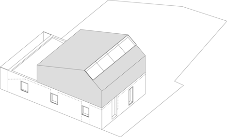 Exploded view four of M03 house renovation by BAST contrasts old brick base with new metal extension