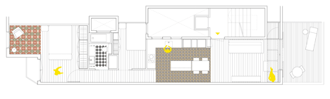 Renovated floor plan of Nook Architects add patterned floor tiles and window seat to Barcelona apartment renovation
