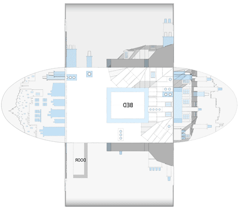 Hotel room floor plan of Parisian city skyline carved into an Icehotel room by Les ateliers de Germaine