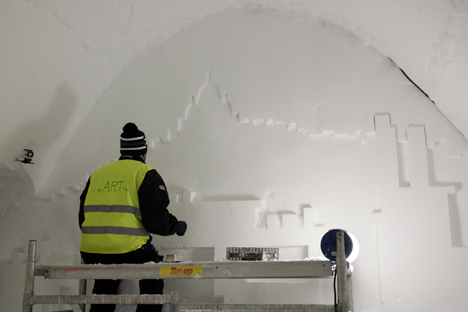 Parisian city skyline carved into an Icehotel room by Les ateliers de Germaine