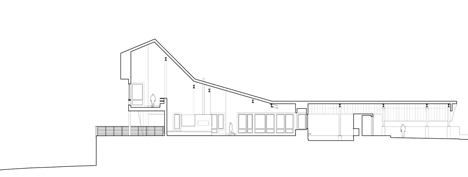 Long section of Angular metal roof wraps around a hilltop house by deMx architecture