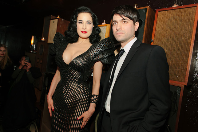 Francis Bitonti with Dita von Teese wearing the dress he and Michael Schmidt created for her