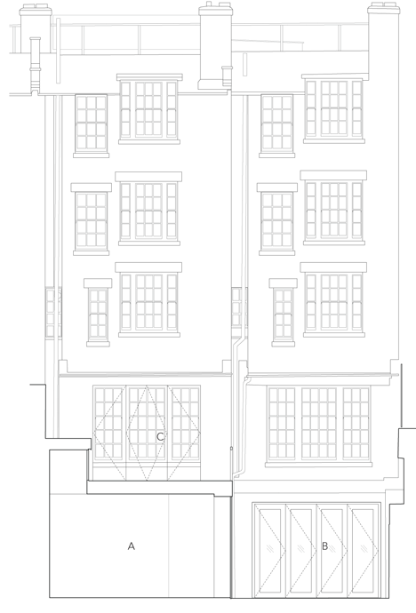 Elevation of Edwardian townhouse renovation by Studio Octopi features windows in the floors