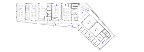 Fifth floor plan of Grand orange staircase ascends through college by Saucier + Perrotte