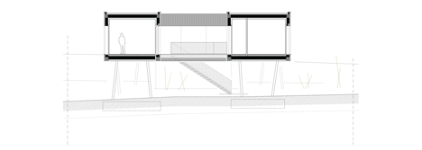 Black-painted S House by Hammerschmid Pachl Seebacher raised up on stilts