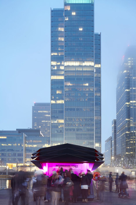 Folded metal kiosks by Make open like a paper fan