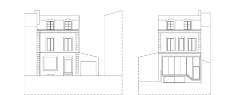 Elevations of Maison a Vincennes by Atelier Zundel Cristea features glass-walled extension