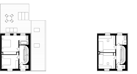 First and second floor plans of Maison a Vincennes by Atelier Zundel Cristea features glass-walled extension
