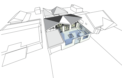 Aerial diagram of house of Melbourne house by MRTN Architects features courtyard with window-like apertures