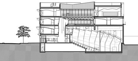 Section of Music conservatory in Paris with cantilevered studios by Basalt Architecture