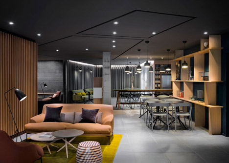 Okko hotel interior by Patrick Norguet with en suites hidden behind louvred walls