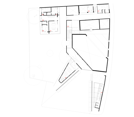 First floor plan of Perforated concrete walls encase La Tallera gallery by Frida Escobedo