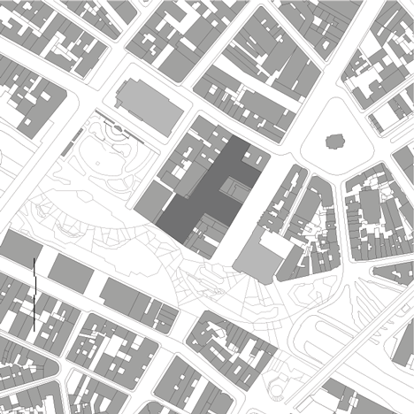 Site plan of Praca das Artes by Brasil Arquitetura features concrete boxes projecting over a public plaza