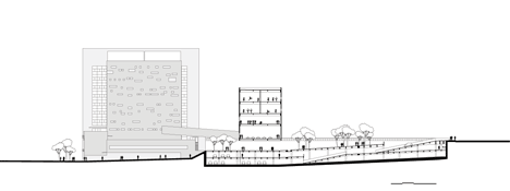 Section one of Praca das Artes by Brasil Arquitetura features concrete boxes projecting over a public plaza