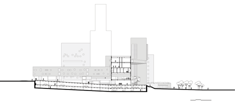 Section two of Praca das Artes by Brasil Arquitetura features concrete boxes projecting over a public plaza