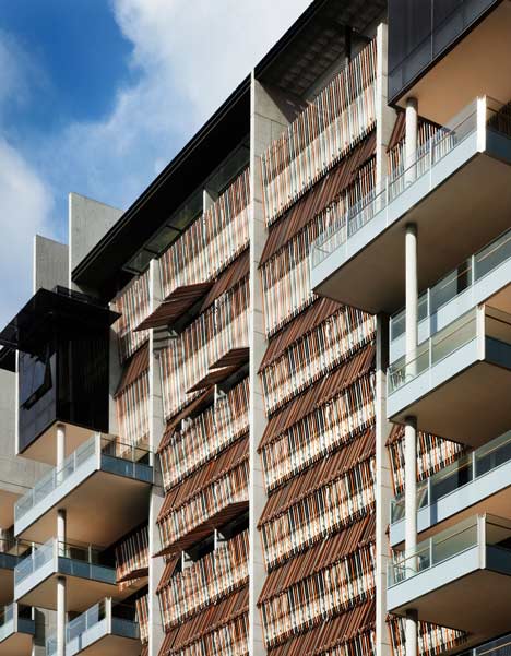 Raised outdoor cabins connected to Goodwood Residence apartments by WOHA