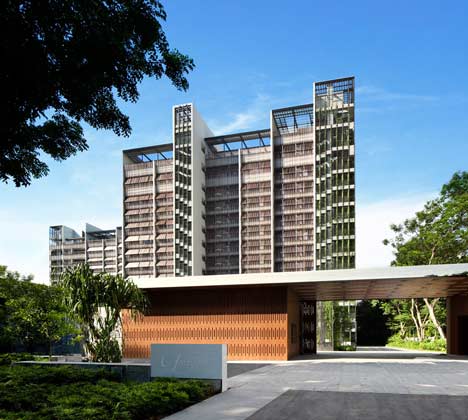 Raised outdoor cabins connected to Goodwood Residence apartments by WOHA