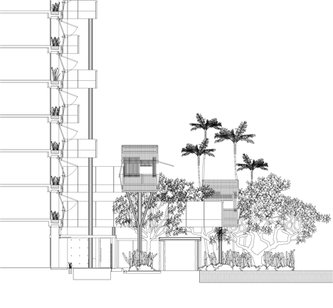 Part section of Raised outdoor cabins connected to Goodwood Residence apartments by WOHA