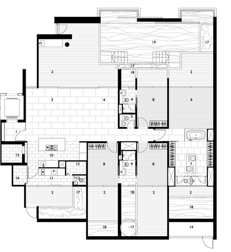 Typical four bedroom unit plan of Raised outdoor cabins connected to Goodwood Residence apartments by WOHA