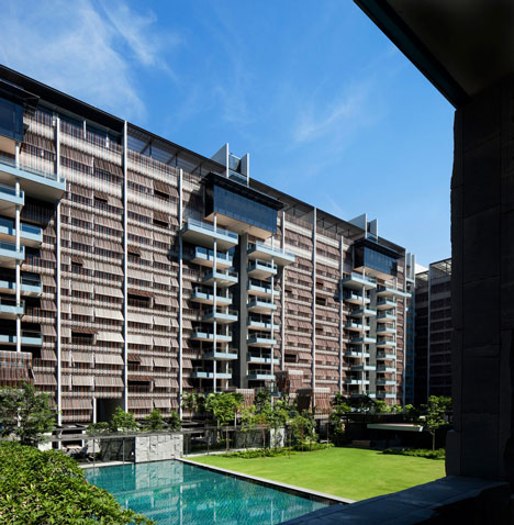 Raised outdoor cabins connected to Goodwood Residence apartments by WOHA