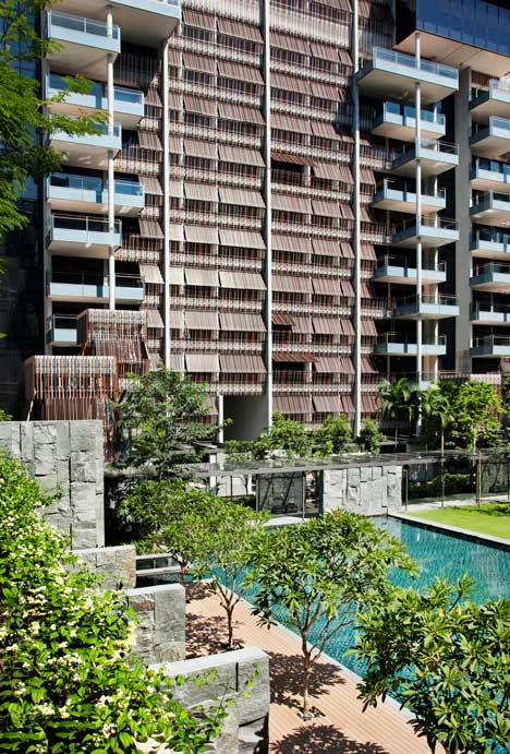 Raised outdoor cabins connected to Goodwood Residence apartments by WOHA