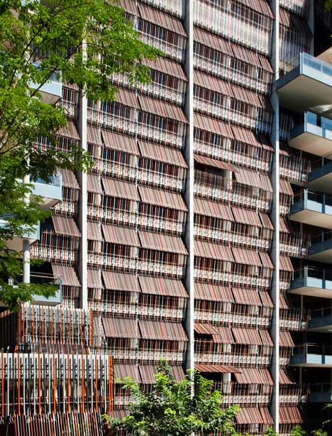 Raised outdoor cabins connected to Goodwood Residence apartments by WOHA