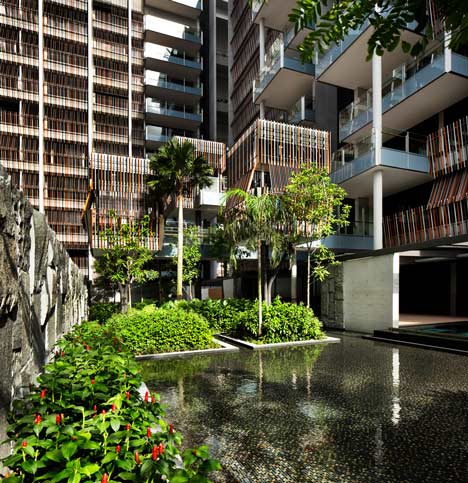 Raised outdoor cabins connected to Goodwood Residence apartments by WOHA