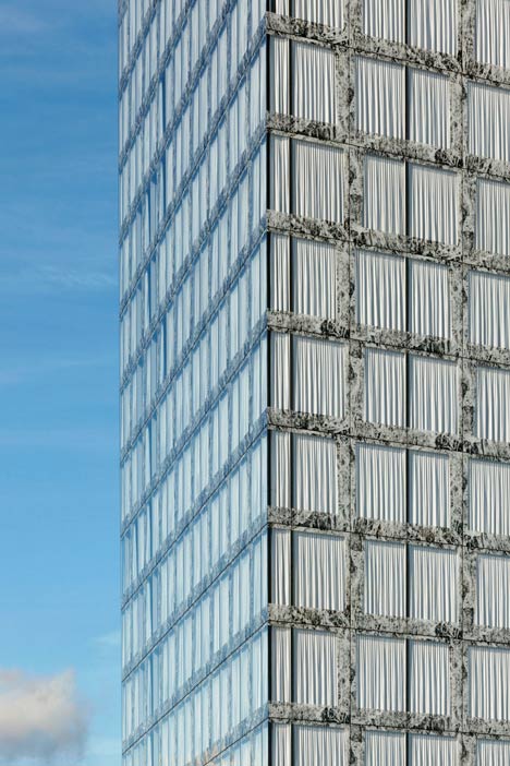 Allianz Headquarters by Wiel Arets features glass fritted to resemble Mies' Barcelona Pavilion