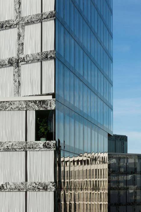 Allianz Headquarters by Wiel Arets features glass fritted to resemble Mies' Barcelona Pavilion