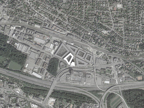 Site plan of Allianz Headquarters by Wiel Arets features glass fritted to resemble Mies' Barcelona Pavilion