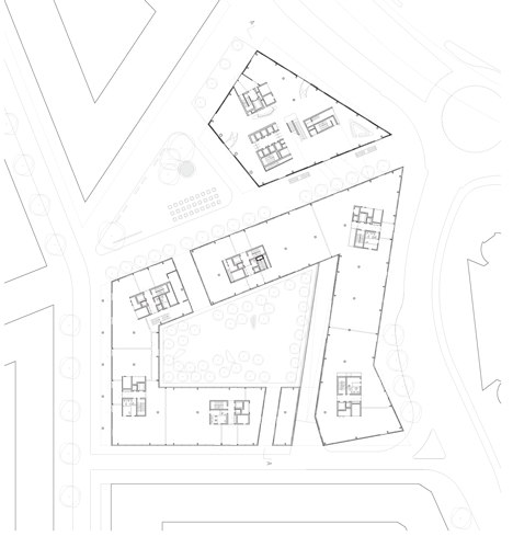 Ground floor plan of Allianz Headquarters by Wiel Arets features glass fritted to resemble Mies' Barcelona Pavilion