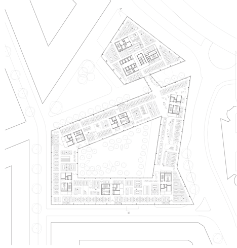 Third floor plan of Allianz Headquarters by Wiel Arets features glass fritted to resemble Mies' Barcelona Pavilion