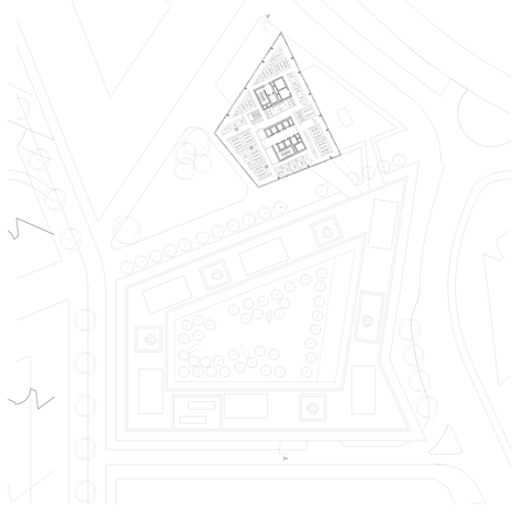 Eighth floor plan of Allianz Headquarters by Wiel Arets features glass fritted to resemble Mies' Barcelona Pavilion