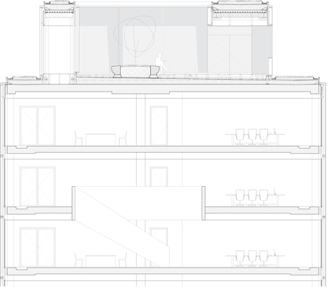 Roof garden section detail of Allianz Headquarters by Wiel Arets features glass fritted to resemble Mies' Barcelona Pavilion