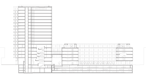 Long section of Allianz Headquarters by Wiel Arets features glass fritted to resemble Mies' Barcelona Pavilion