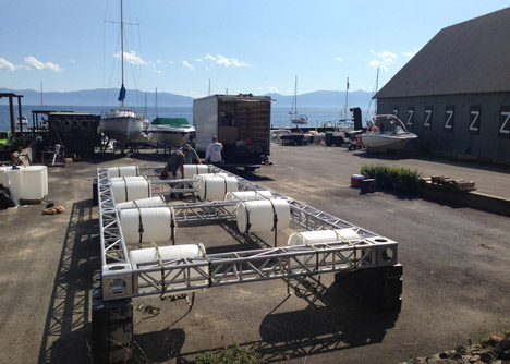 Floating skateboard ramp on Lake Tahoe by Jeff Blohm and Jeff King