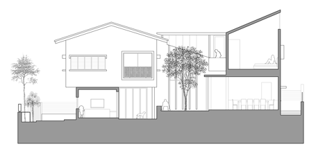 Long section of Formwerkz Architects house extension features cantilevered concrete box