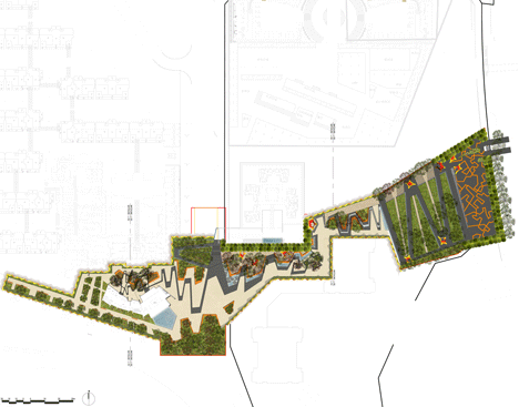 Site plan of Four-legged perforated metal pavilions rise above Fengming Mountain Park