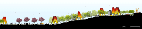 Elevation of Four-legged perforated metal pavilions rise above Fengming Mountain Park