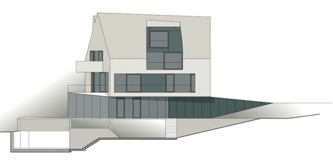 South east facade of House B.A.B.E. by Destilat features windows dotted across shingle-clad facade