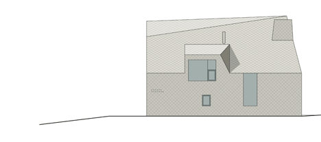 North west facade of House B.A.B.E. by Destilat features windows dotted across shingle-clad facade