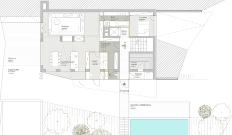 Ground floor plan of House B.A.B.E. by Destilat features windows dotted across shingle-clad facade