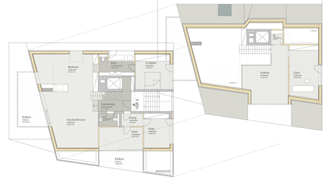 Mezzanine and second floor plans of House B.A.B.E. by Destilat features windows dotted across shingle-clad facade