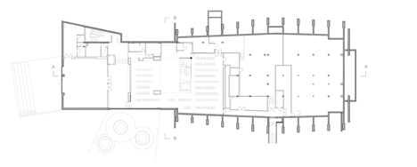 Lower floor plan of Lofty church in Quebec transformed into a library by Dan Hanganu and Cote Leahy Cardas
