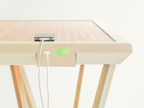 The Current Table by Marjan van Aubel features a solar panel for charging mobile phones