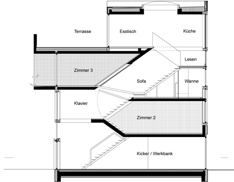 Section of Townhouse B14 by XTH-berlin has slanted walls and doors