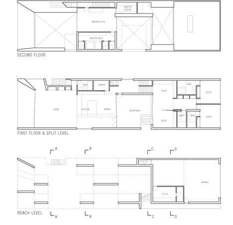 Floor plans of Johnston Marklee's Vault House frames beach views through multiple arches