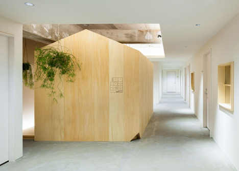 Garden-like office interior by Tsubasa Iwahashi boasts hanging baskets and a wooden shed